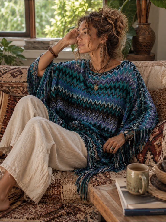 Jackets & Blazers - Chevron Fringe Knit Poncho - Teal, Purple, Black Mix